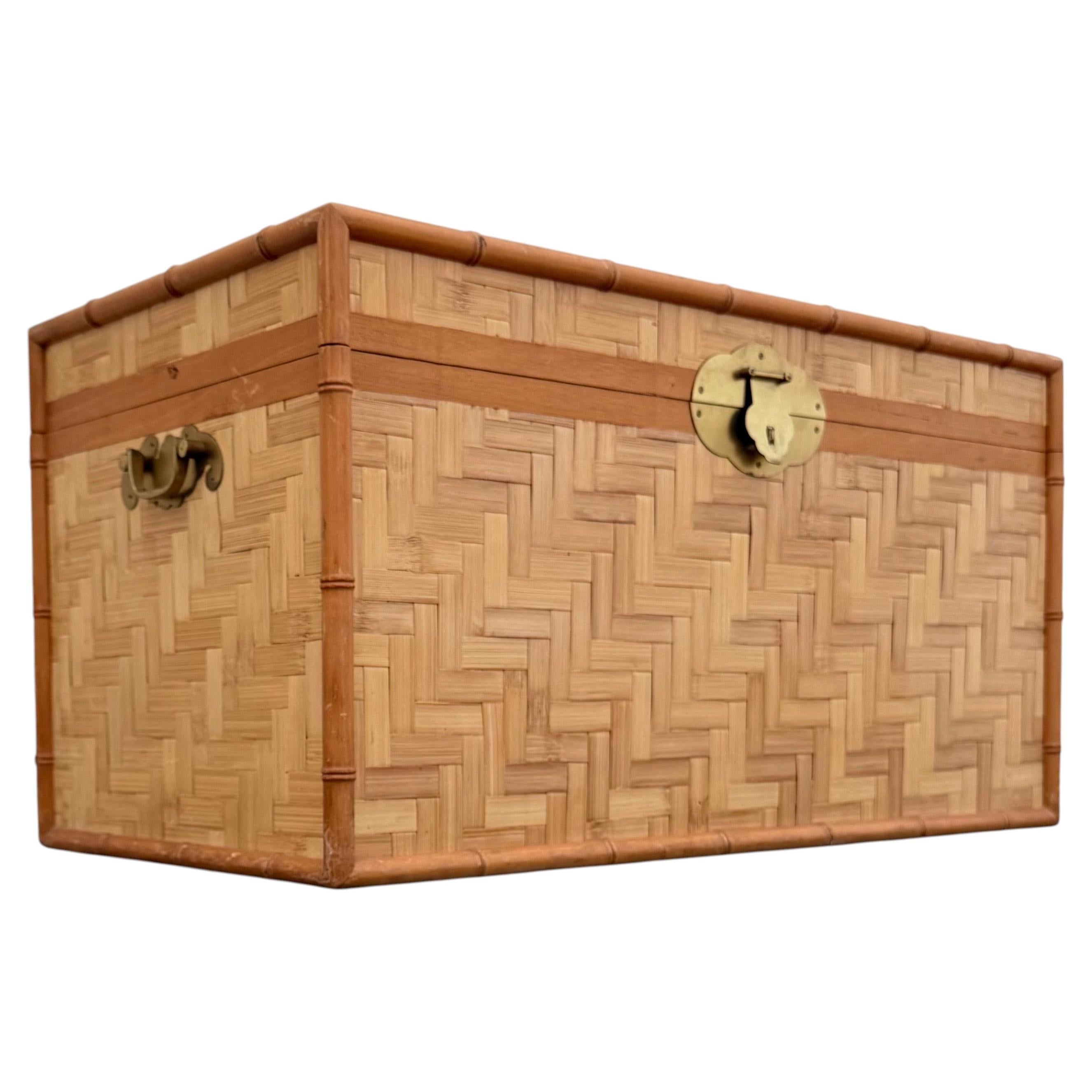 Vintage Woven Split Rattan and Faux Bamboo Asian Inspired Trunk
