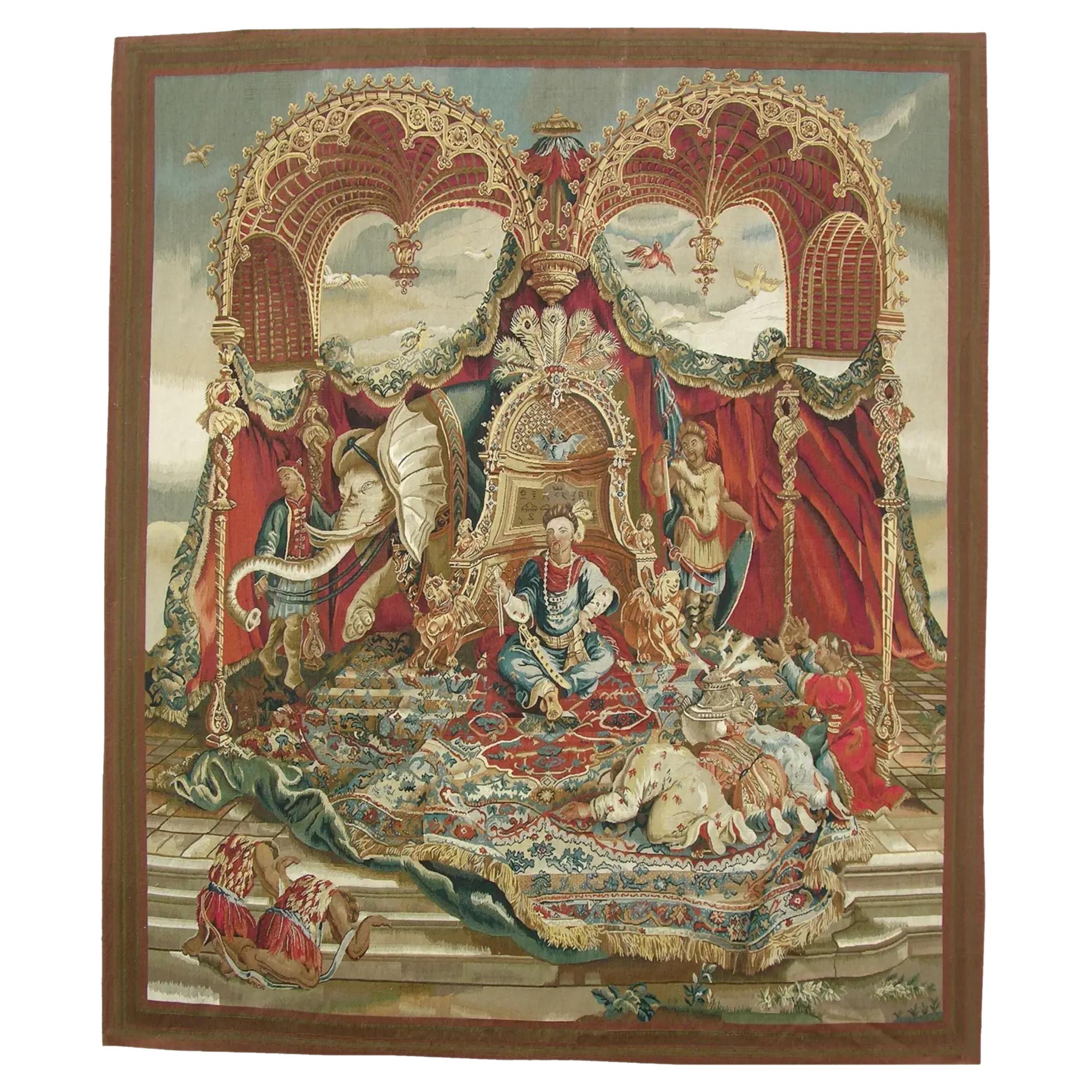 Vintage Woven Throne Scene Tapestry 7.9X6.9 For Sale