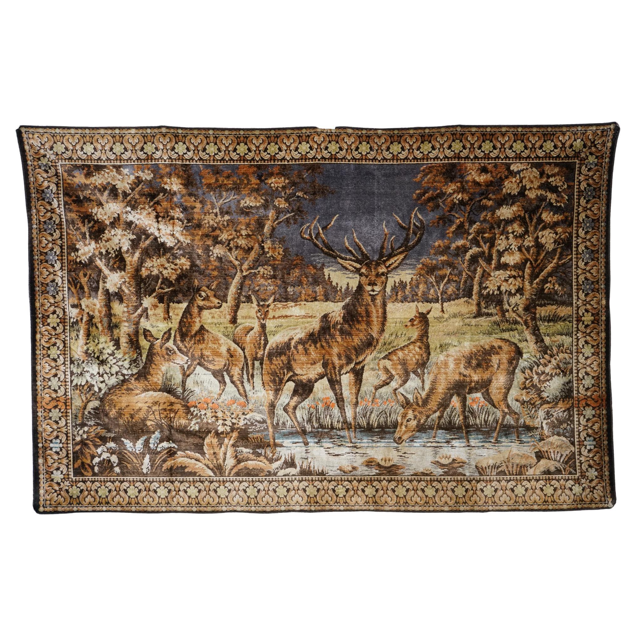 VINTAGE GEWEBTE WANDTAPESTRY WALDSTIERE & HIRSCHSZENE RUSTIC HUNTiNG LODGE im Angebot