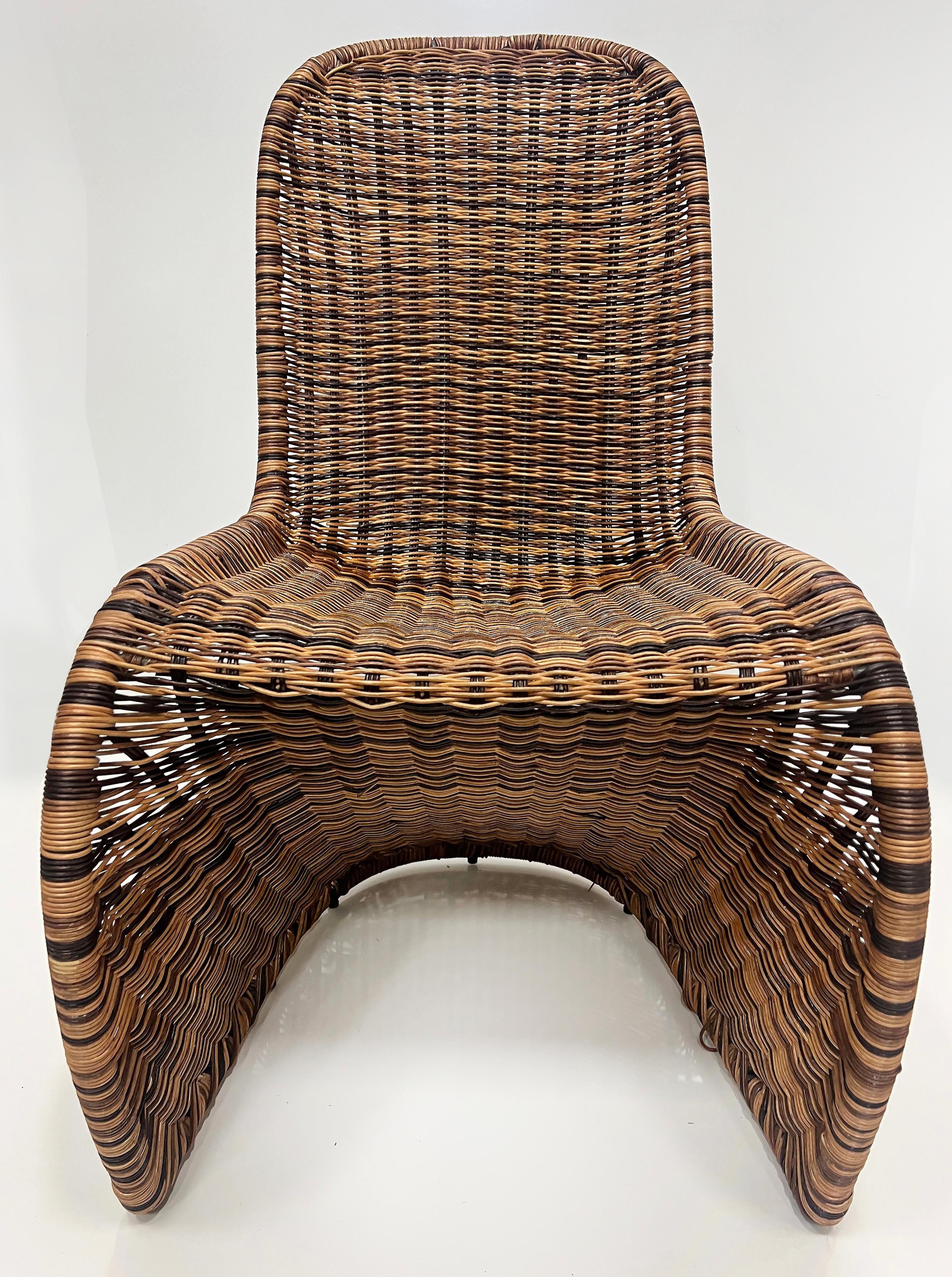 Organic Modern Vintage Woven Wicker Dining Chairs in Verner Panton Form, Set of 4
