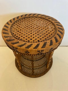 Vintage Woven Wicker Rattan Hourglass Emmanuelle Peacock Style Side Table Stool