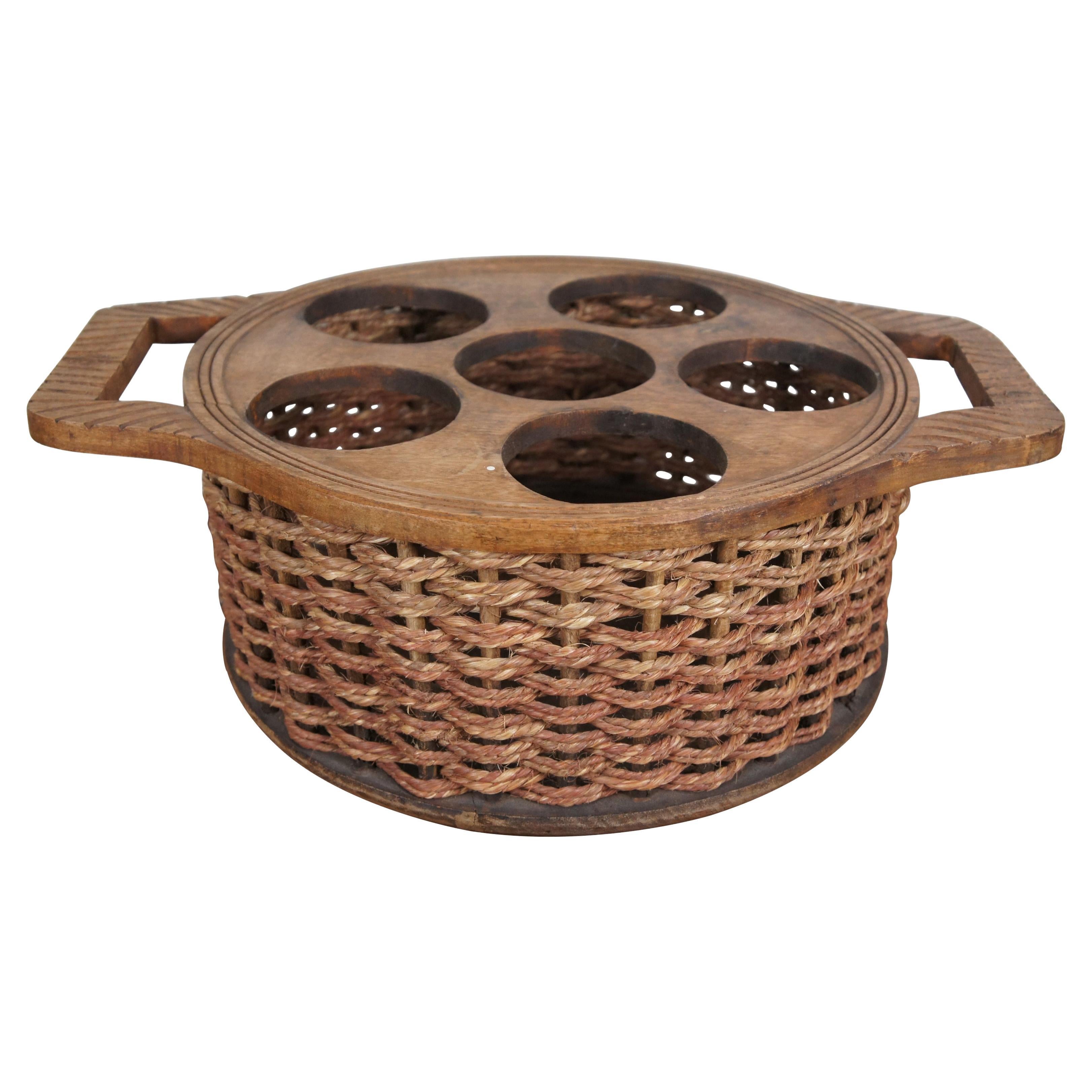 Vintage Woven Wicker Rope 6 Bottle Wine Bar Storage Basket Carrier 19"