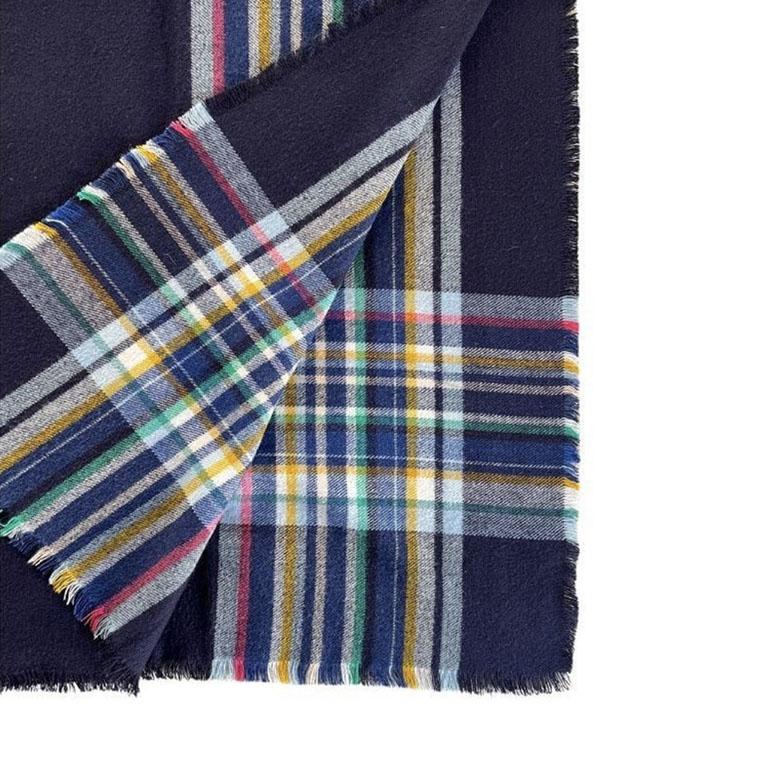 Bohemian Vintage Woven Wool Throw Blanket in Navy Blue Plaid with Yellow Red and Green 