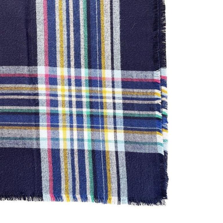 Vintage Woven Wool Throw Blanket in Navy Blue Plaid with Yellow Red and Green  In Good Condition In Oklahoma City, OK