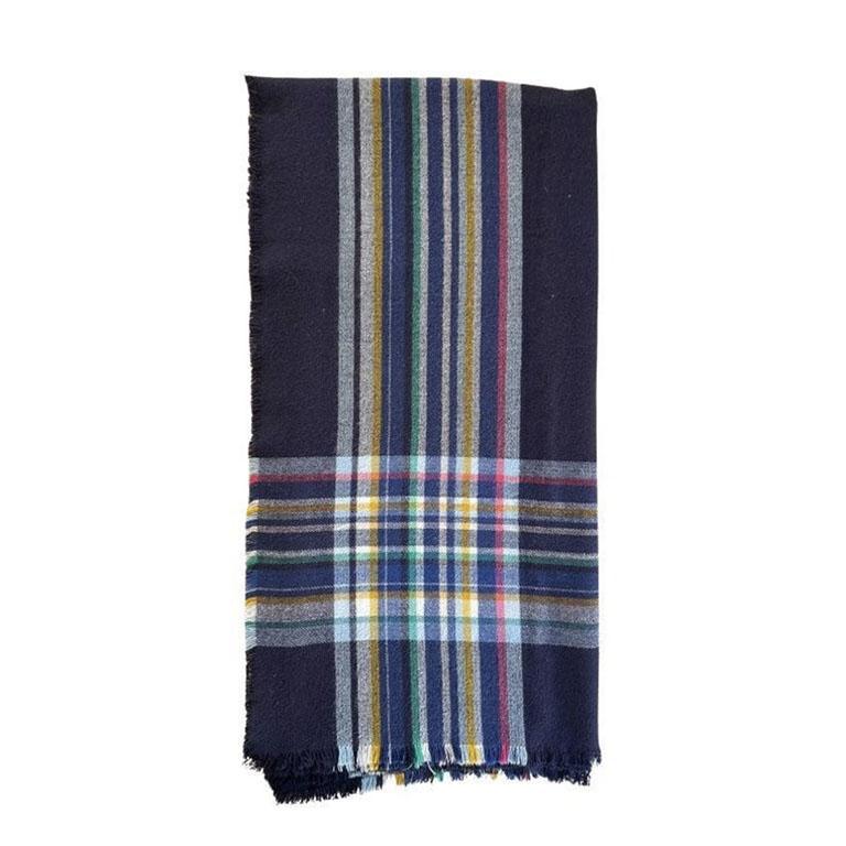 20th Century Vintage Woven Wool Throw Blanket in Navy Blue Plaid with Yellow Red and Green 