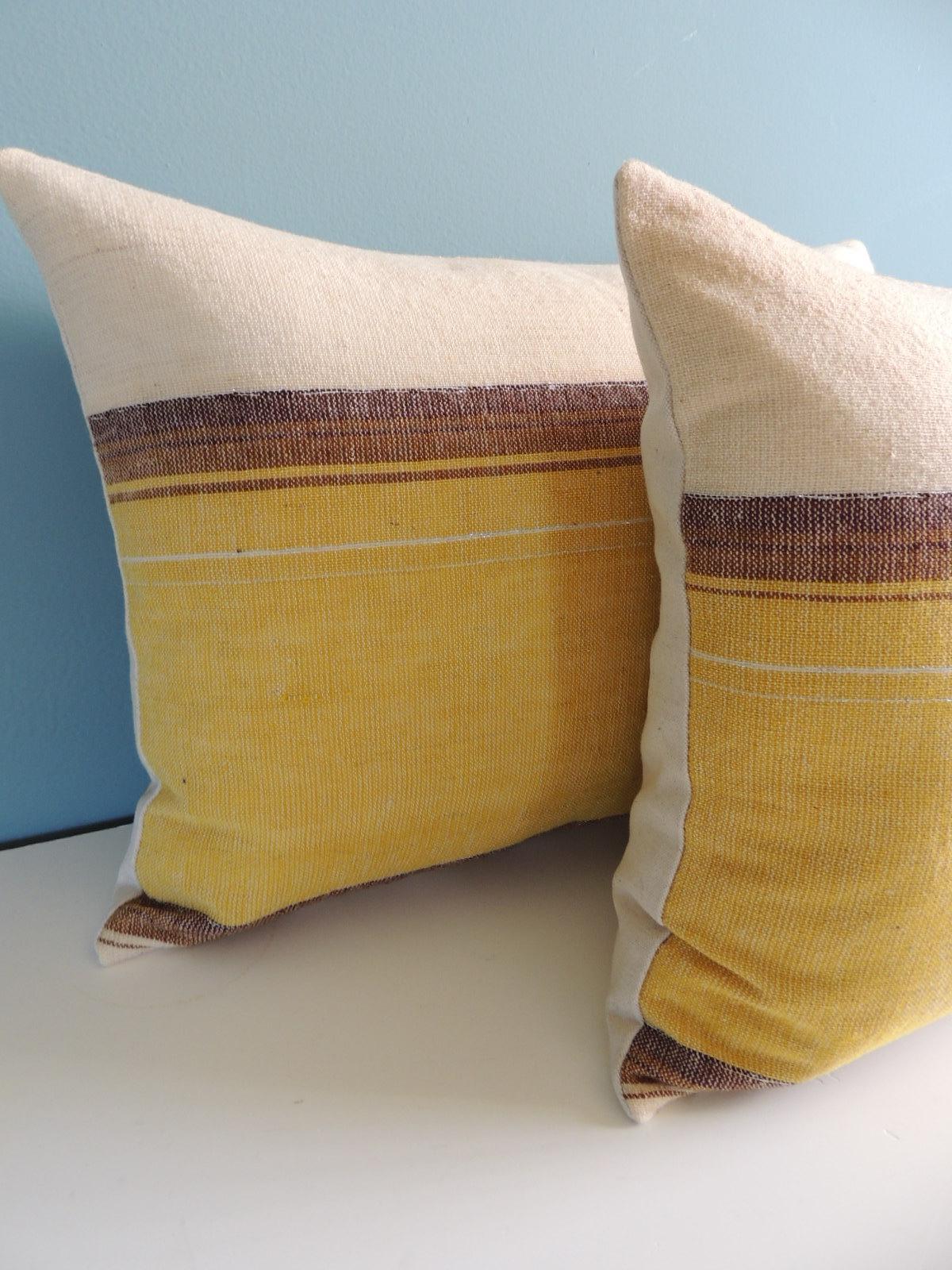 Moroccan Vintage Woven Yellow and Brown Stripe Pattern Decorative Bolster Pillows