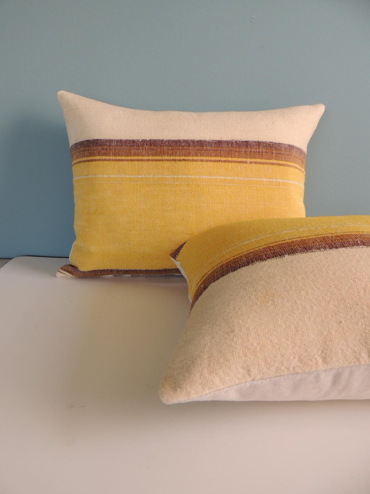 Mid-20th Century Vintage Woven Yellow and Brown Stripe Pattern Decorative Bolster Pillows