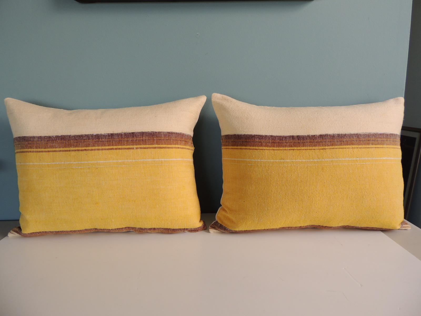 Wool Vintage Woven Yellow and Brown Stripe Pattern Decorative Bolster Pillows