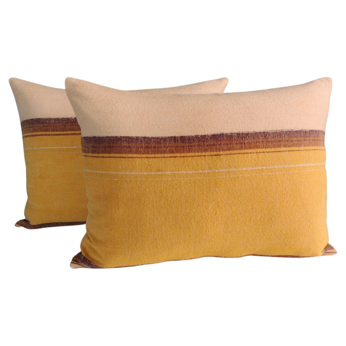 Vintage Woven Yellow and Brown Stripe Pattern Decorative Bolster Pillows