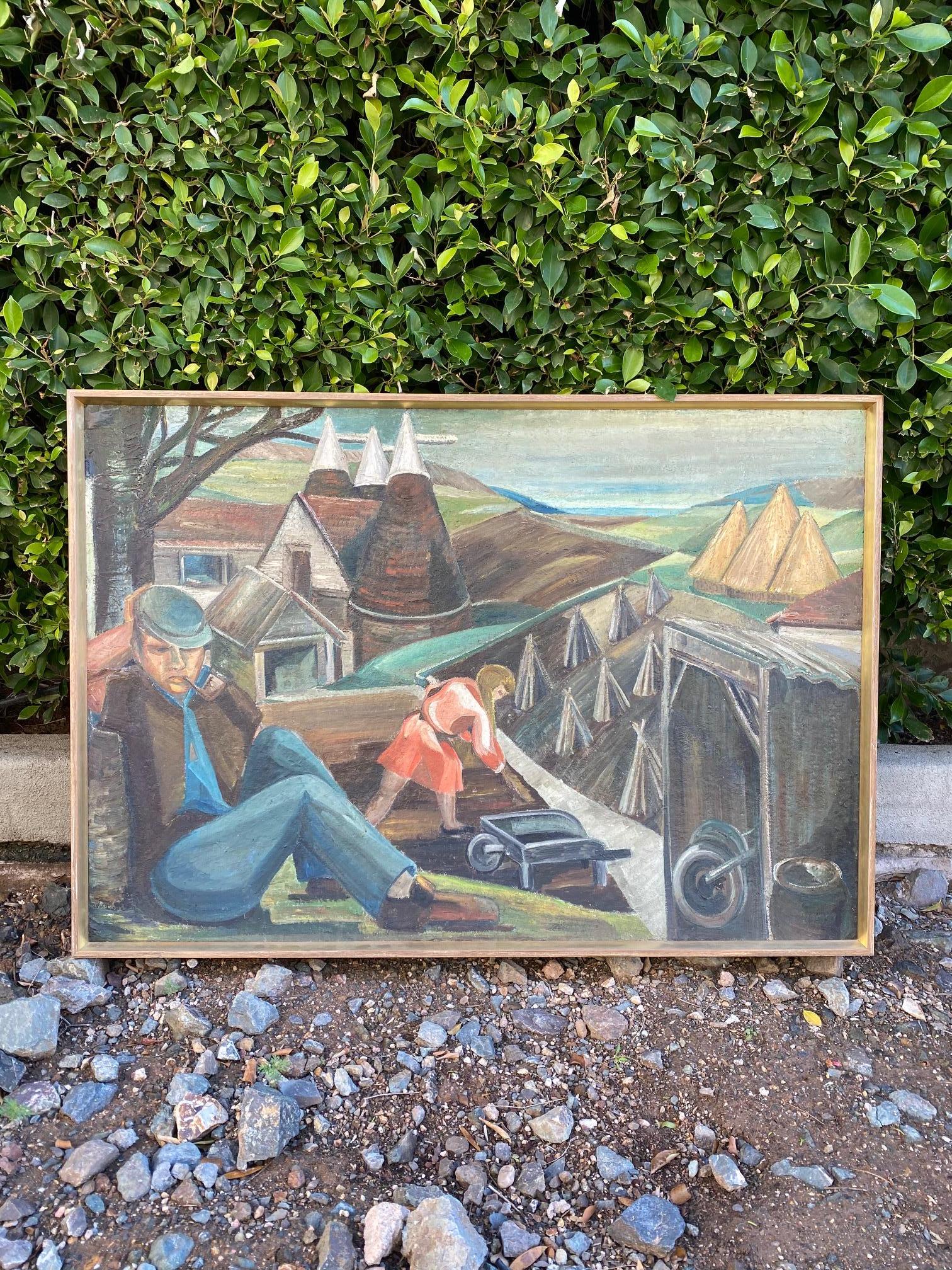 Incredibly charming WPA style oil painting on board. New frame. Unknown artist and origin. The board shows some warping but is stabile and in great condition otherwise.