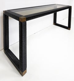 Vintage Wrapped Lacquered Corde Konsolentisch, eingelassene Glasplatte, Messing-Akzente