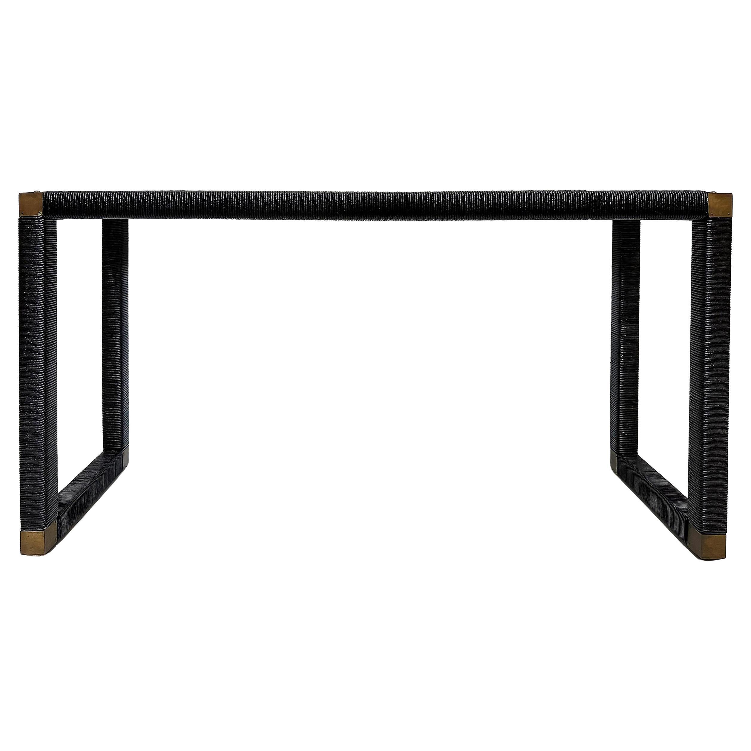 Vintage Wrapped Lacquered Cord Console Table, Inset Glass Top, Brass Accents
