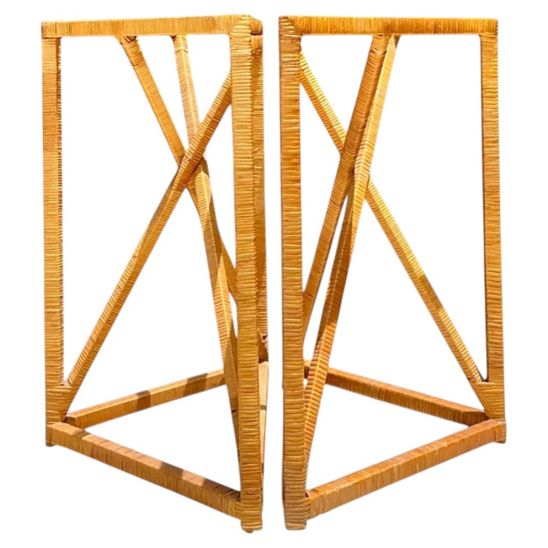 Vintage Wrapped Rattan Dining Table Pedestal For Sale
