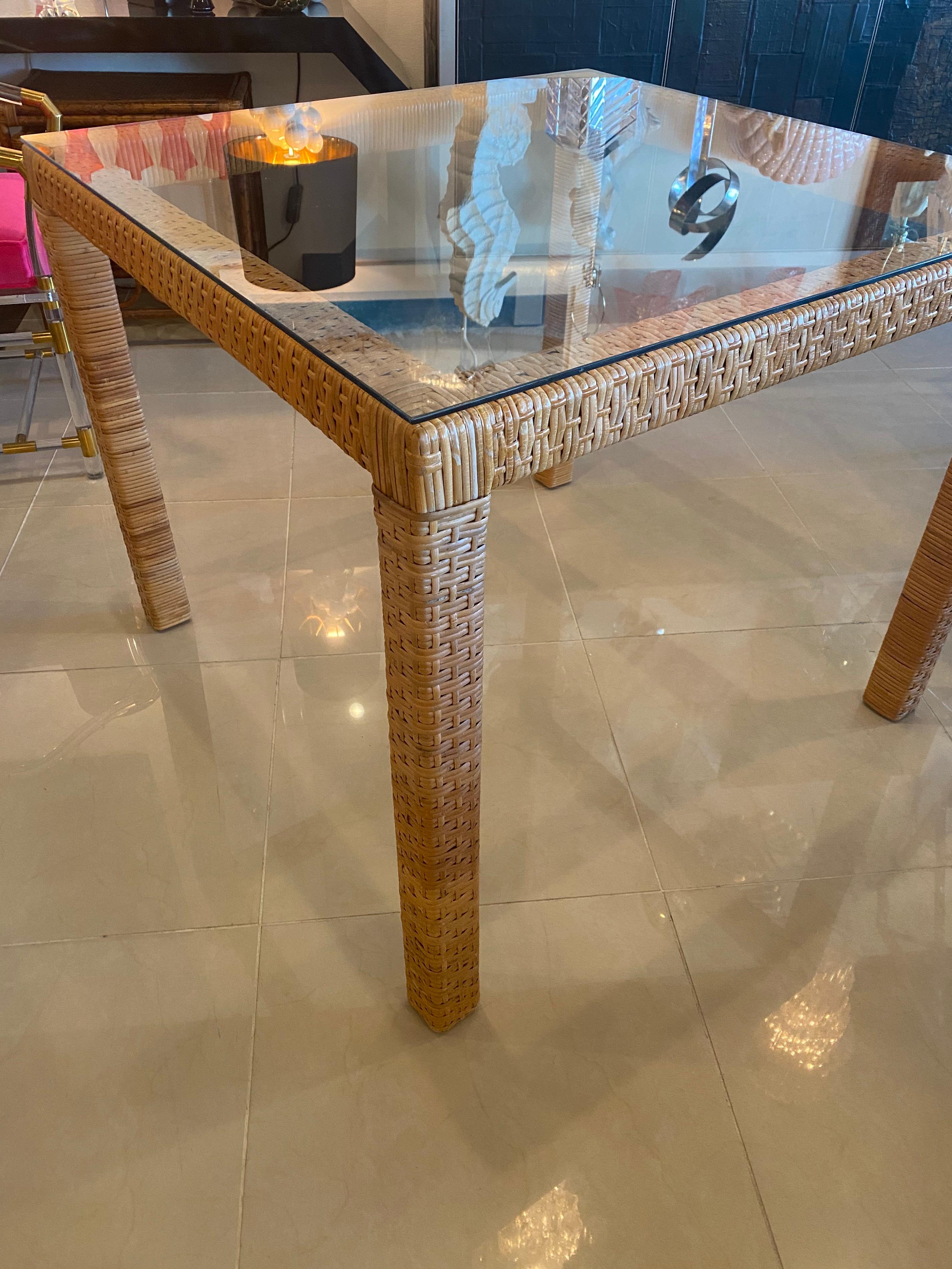 Vintage Wrapped Rattan Square Game Table Or Dining Table New Glass Top 6