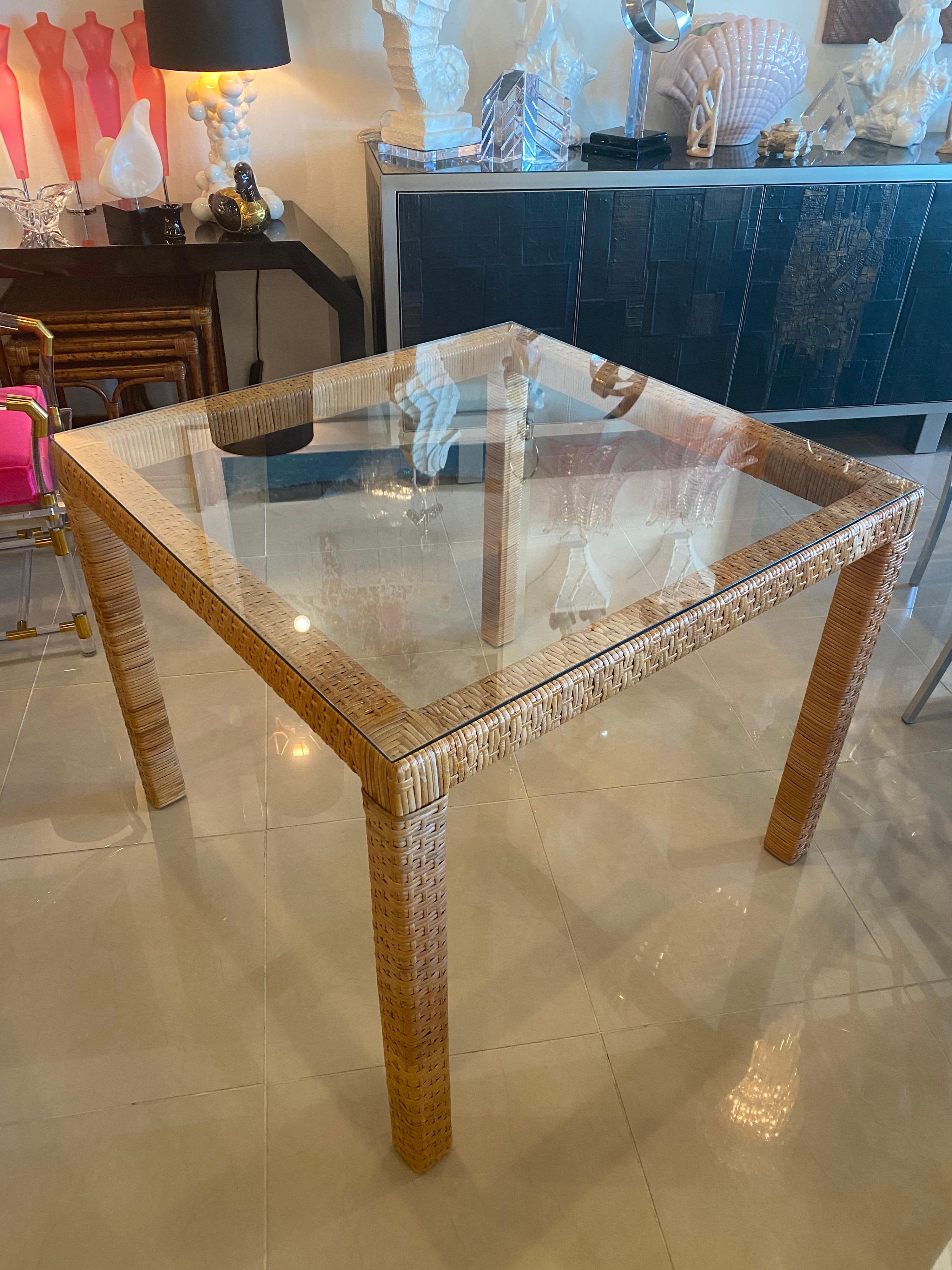 Vintage Wrapped Rattan Square Game Table Or Dining Table New Glass Top 7