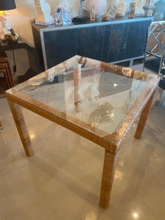 Vintage Wrapped Rattan Square Game Table Or Dining Table New Glass Top