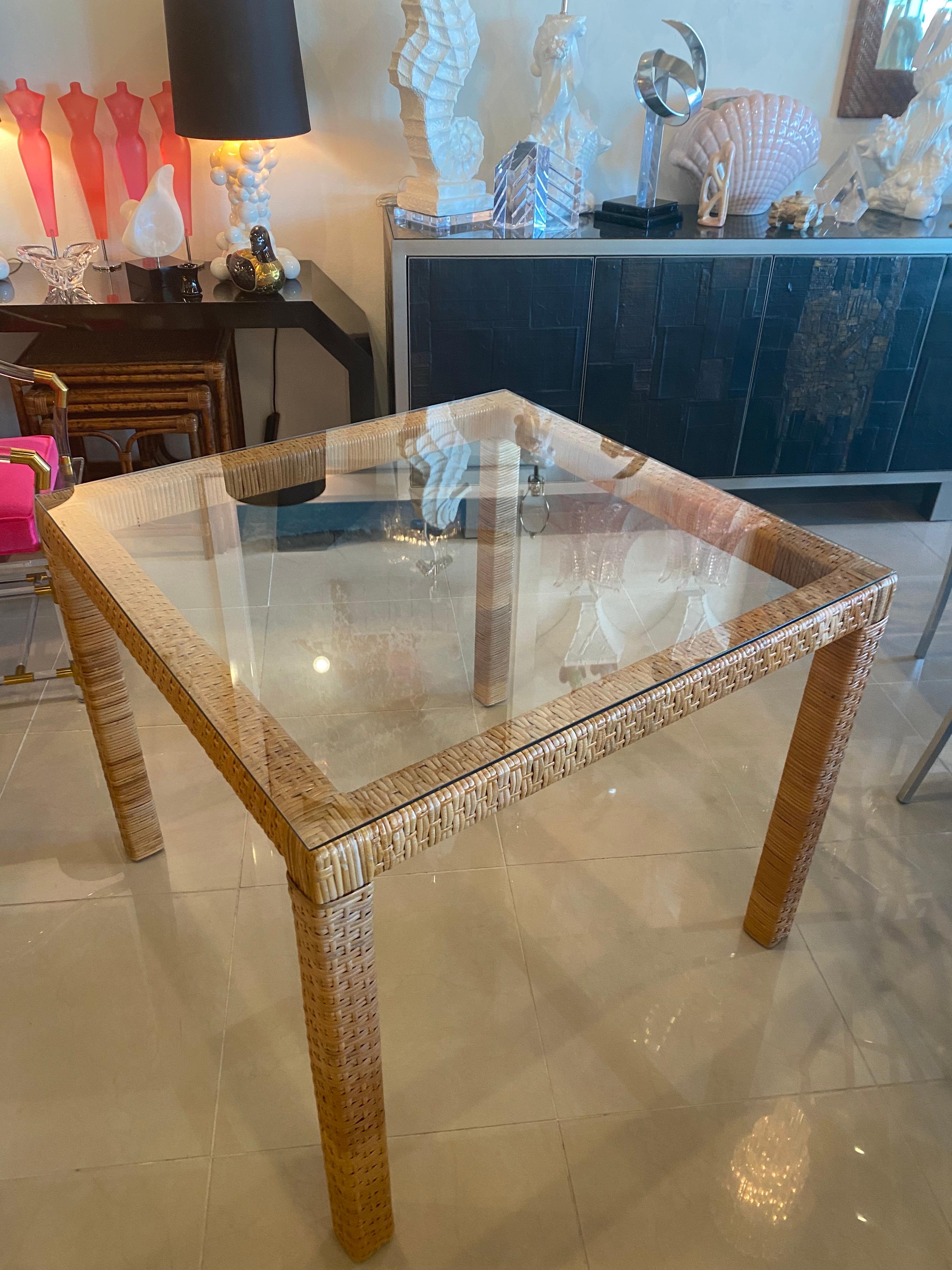 Late 20th Century Vintage Wrapped Rattan Square Game Table Or Dining Table New Glass Top