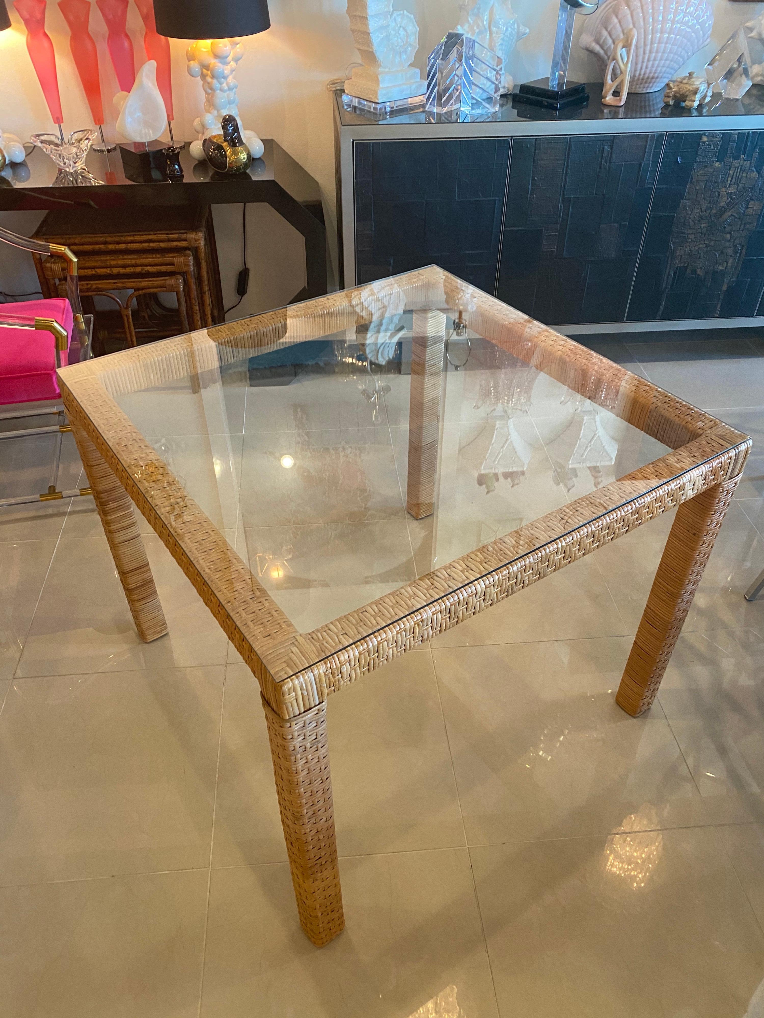 Vintage Wrapped Rattan Square Game Table Or Dining Table New Glass Top 1