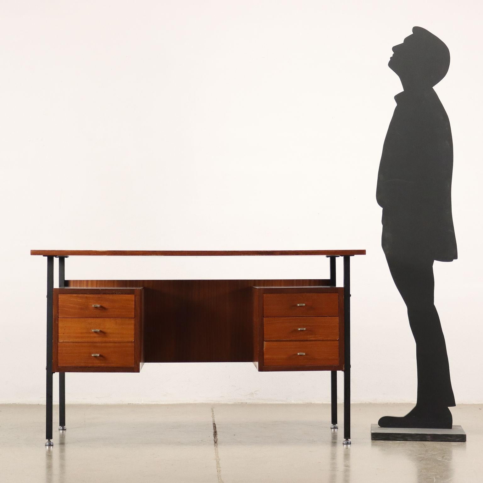 Desk with double column side drawers in enamelled metal and mahogany veneered wood with Formica-covered top.