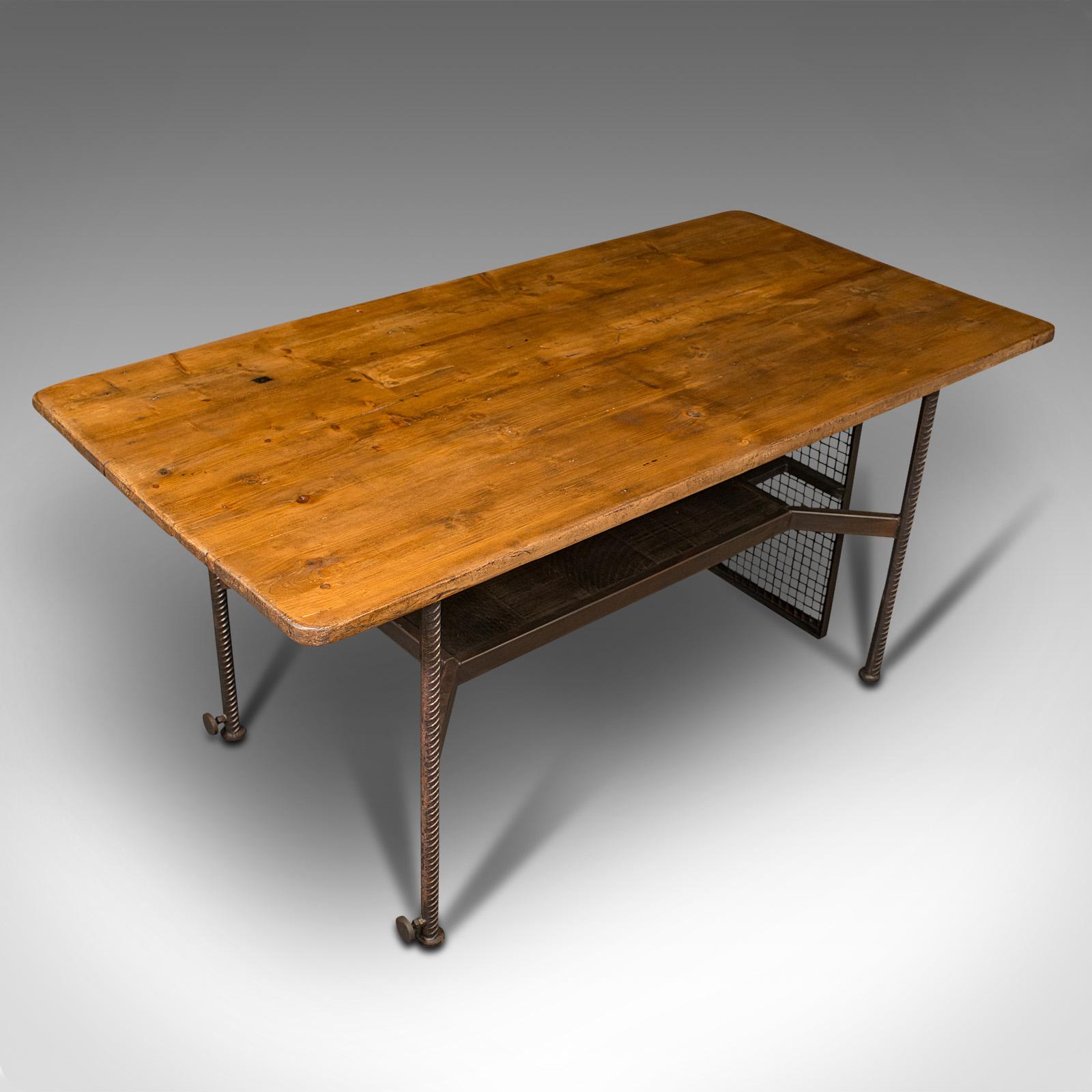 20th Century Vintage Writing Desk, English, Steel, Victorian Pine, Shop Retail, Display Table For Sale