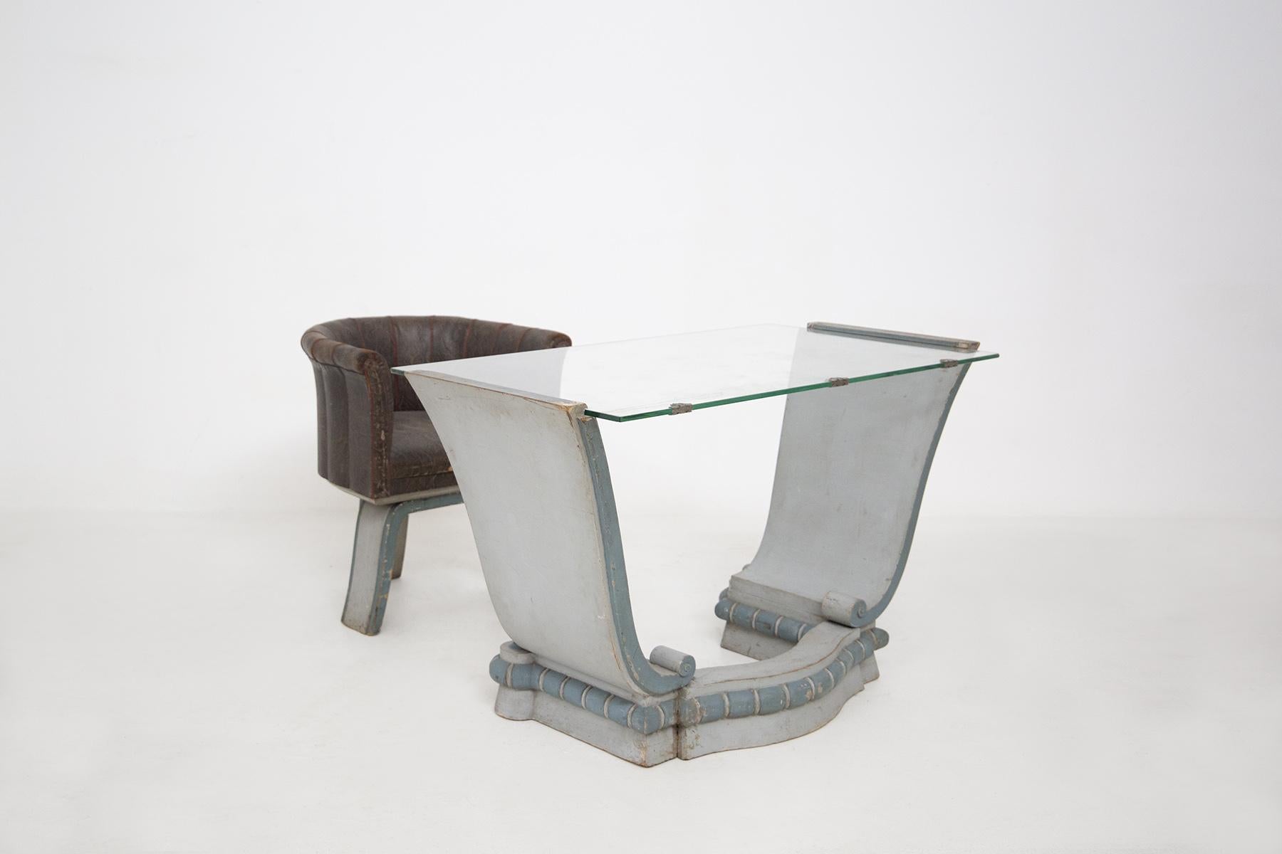 Vintage Writing Desk in Wood and Glass with Armchair