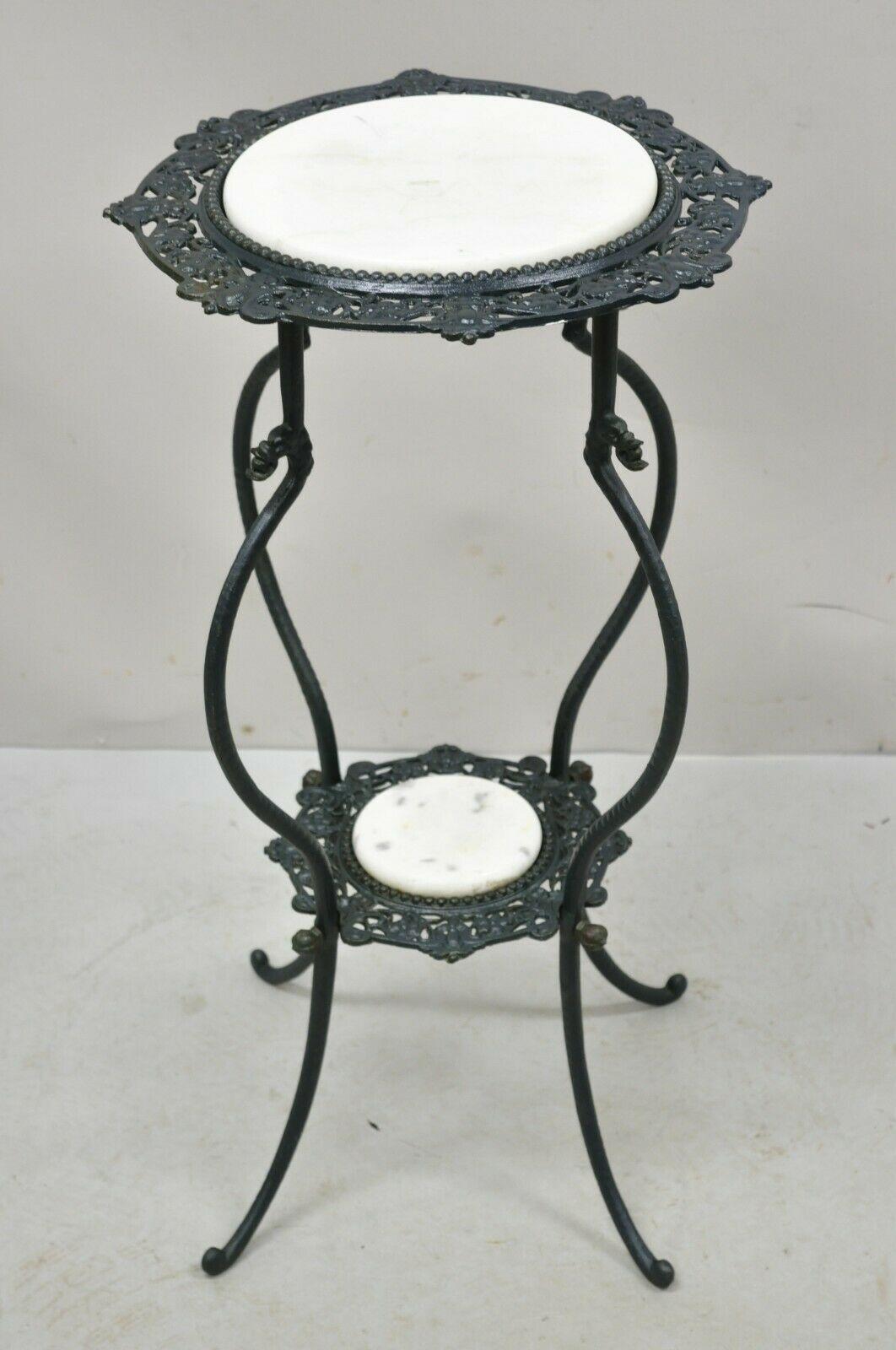 Vintage Wrought Iron 2 Tier White Round Marble Victorian Plant Stand 5