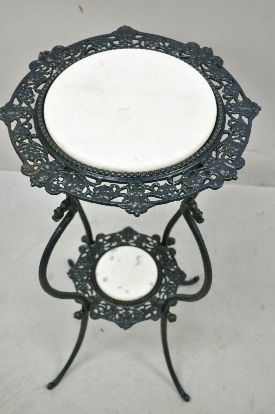 Vintage Wrought Iron 2 Tier White Round Marble Victorian Plant Stand In Good Condition In Philadelphia, PA