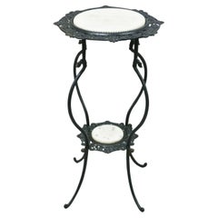 Vintage Wrought Iron 2 Tier White Round Marble Victorian Plant Stand