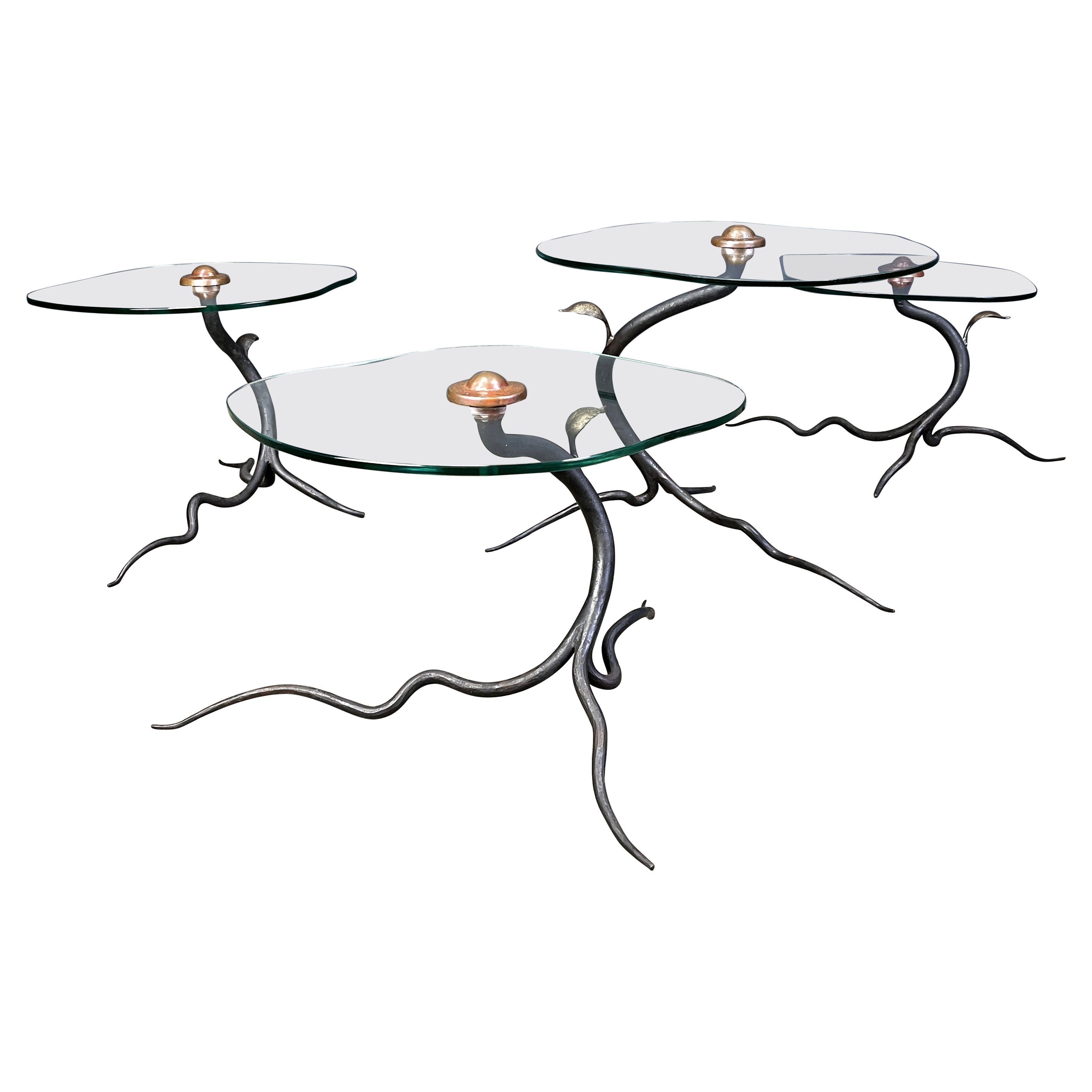 Vintage wrought iron and glass coffee table set, 1970s - Belgium For Sale