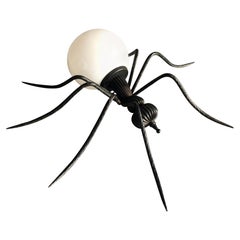Vintage Wrought Iron and Opaline Glass Lucky Charm Spider Sconce, Italy 1960s