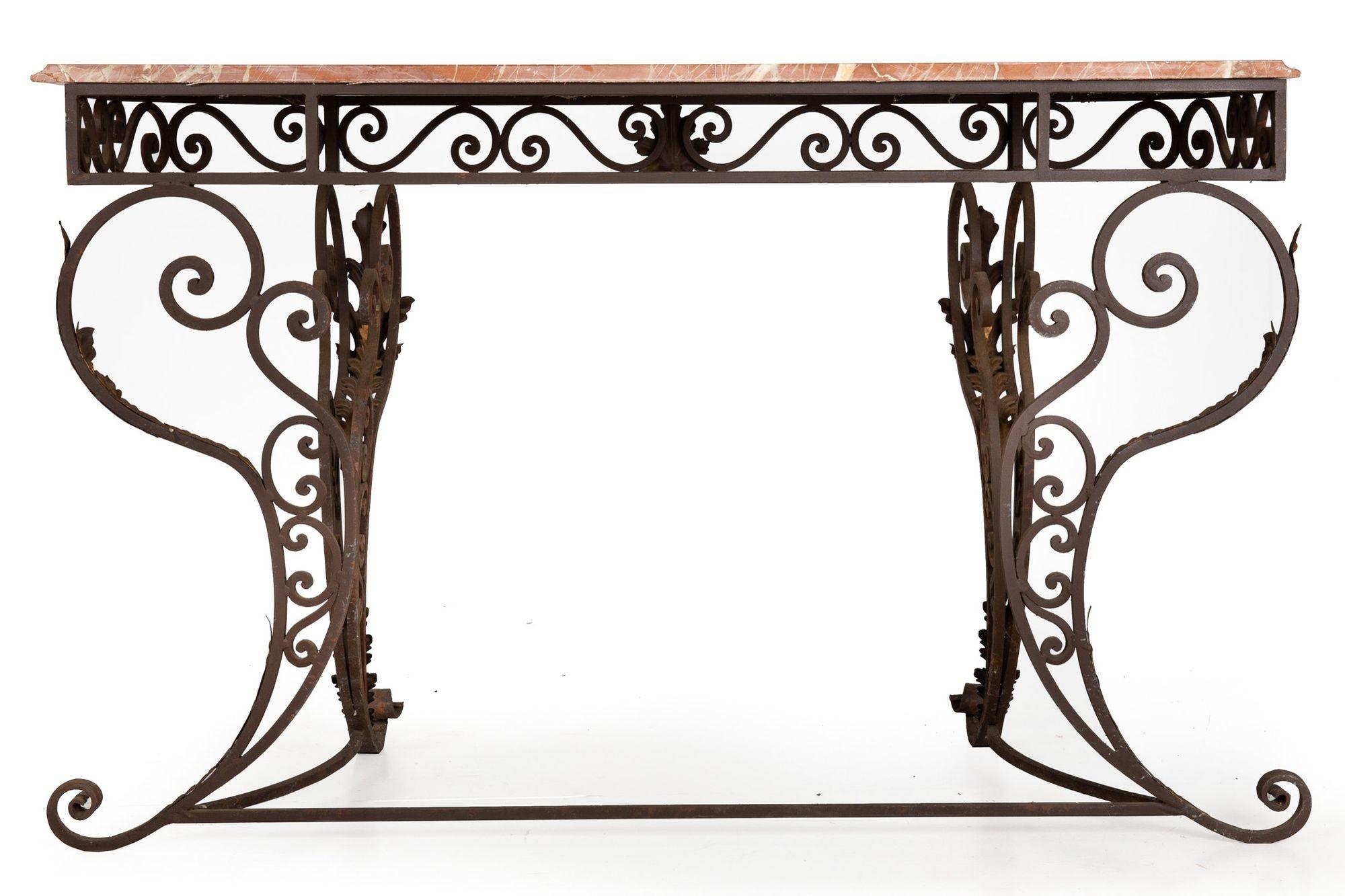 Art Nouveau Vintage Wrought Iron and Red Marble Console Table, 20th Century For Sale