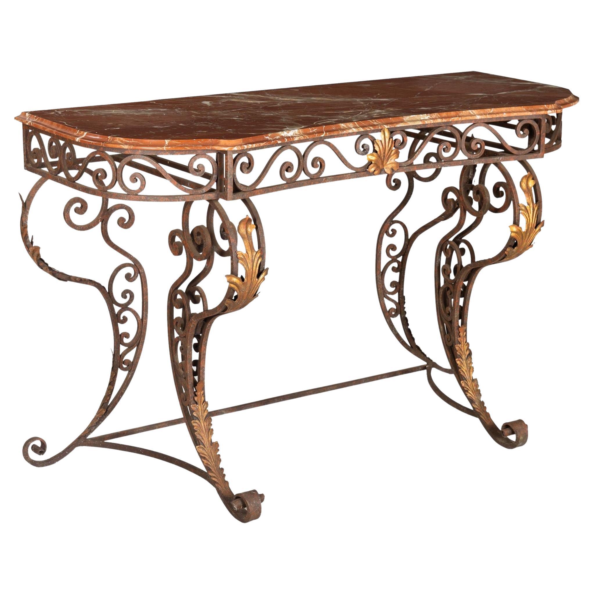 Table console vintage en fer forgé et marbre rouge, 20e siècle