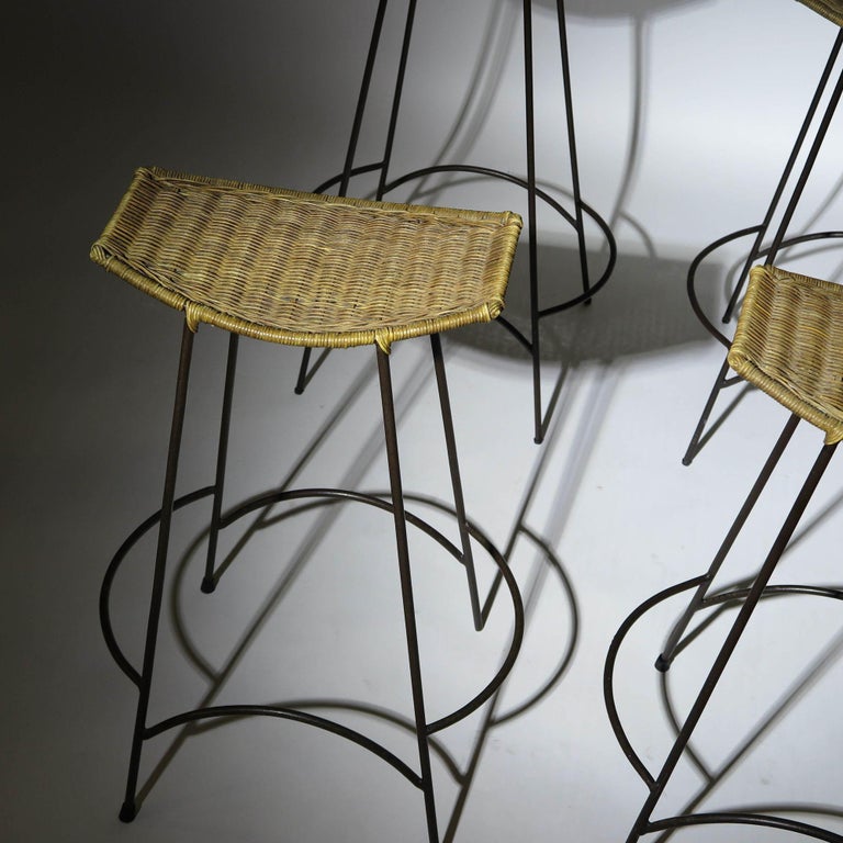 Vintage Wrought Iron and Wicker Bar Stools For Sale at 1stDibs