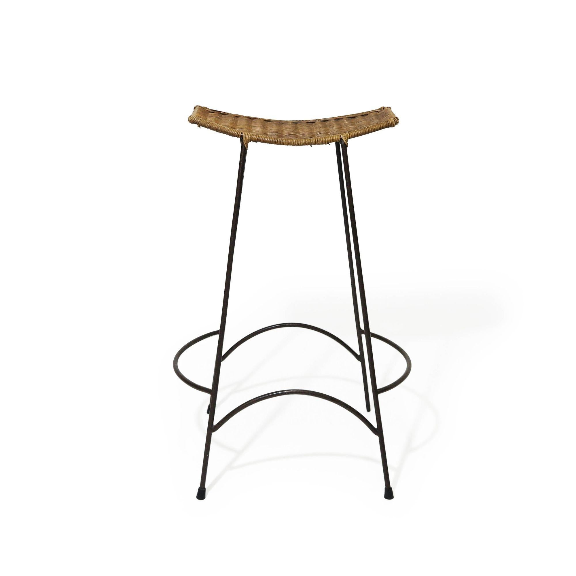 Midcentury wrought iron with wicker bar stools. 
Measurements
W 20.75 x D 15 x H 30.75
Seat Height W 16 x D 10.25 x H 30.76.
