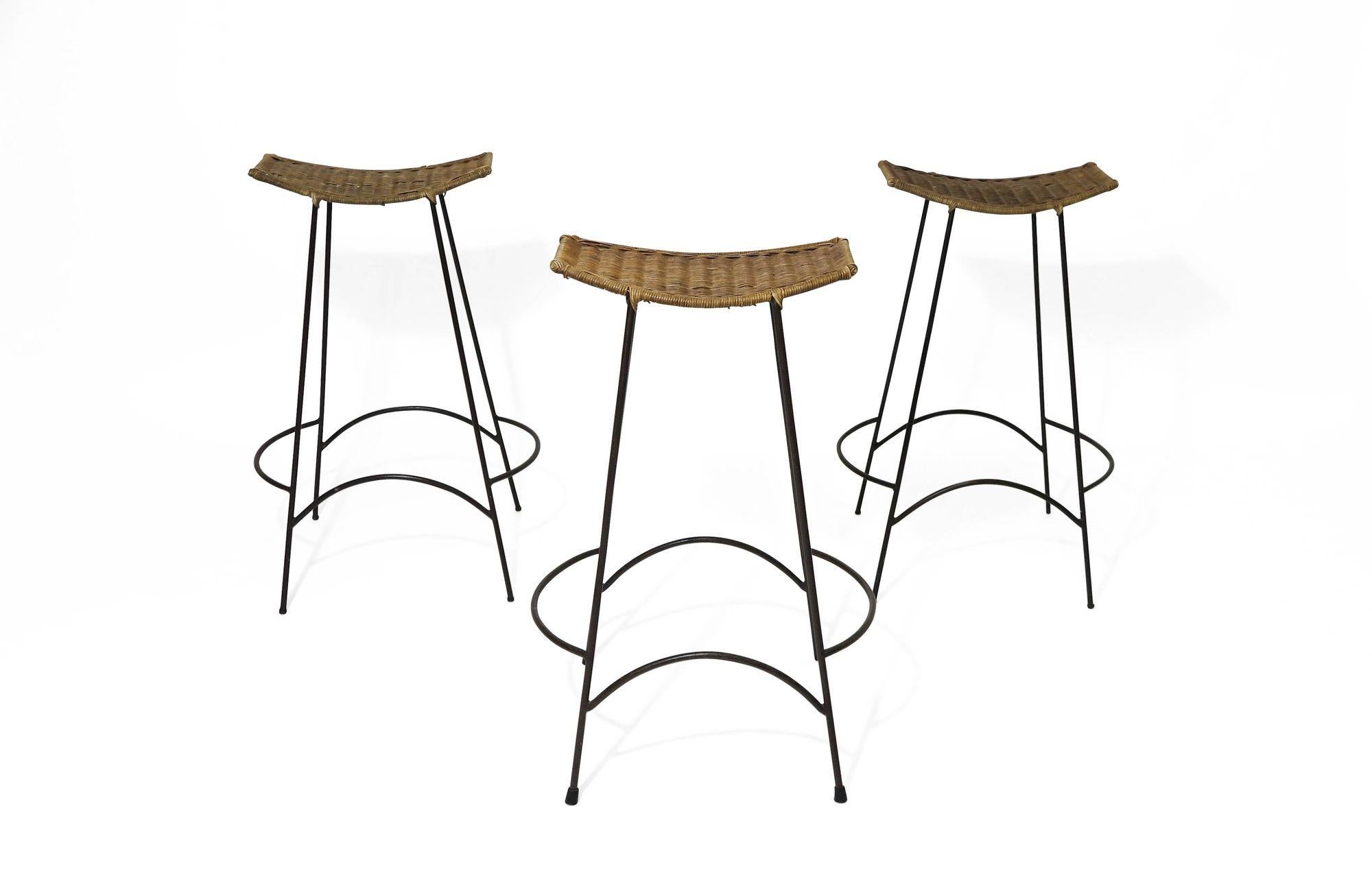 Mid-Century Modern Vintage Wrought Iron and Wicker Bar Stools
