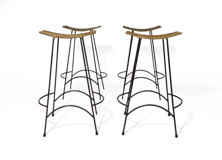 Vintage Wrought Iron and Wicker Bar Stools For Sale at 1stDibs
