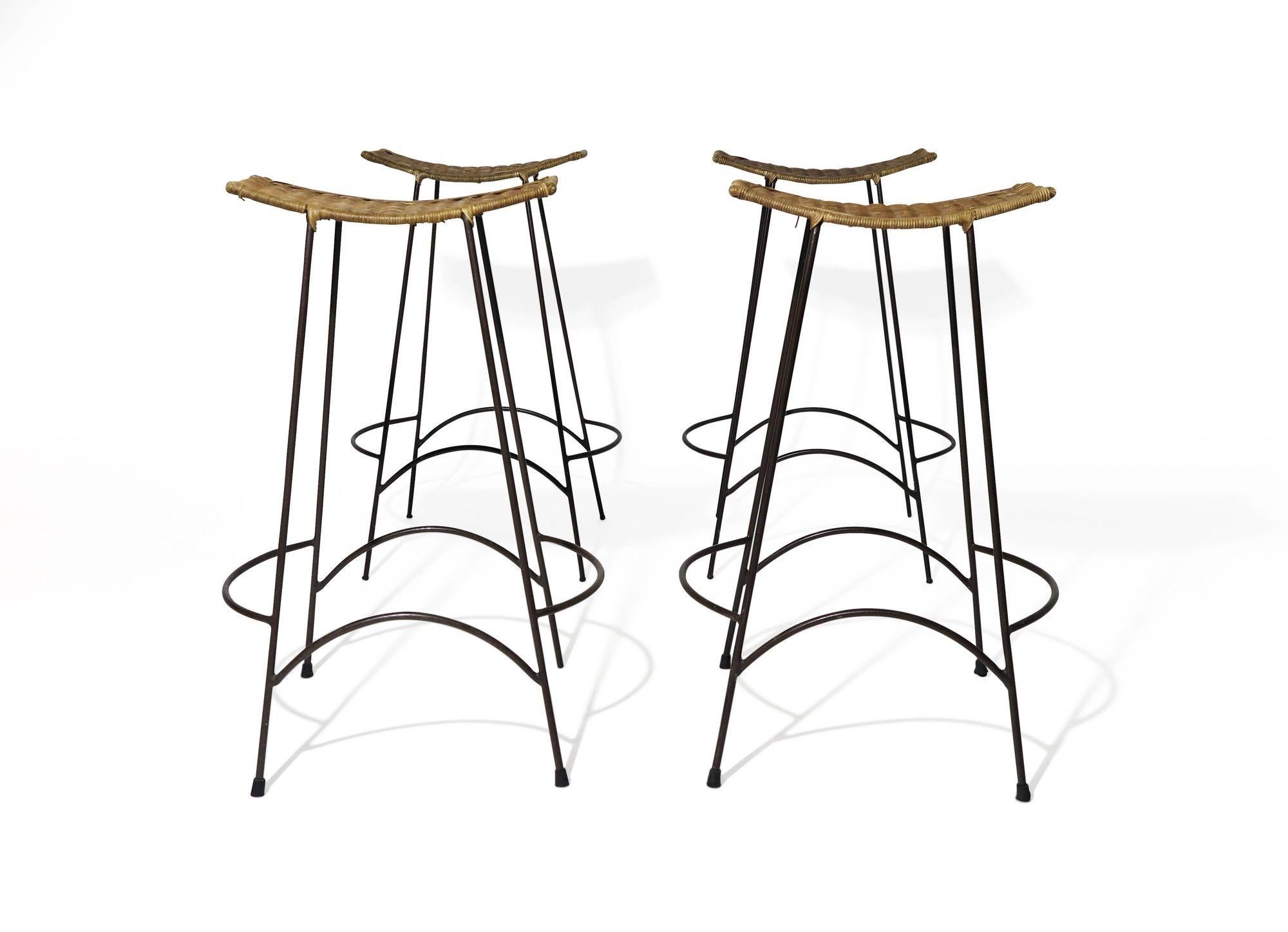 American Vintage Wrought Iron and Wicker Bar Stools