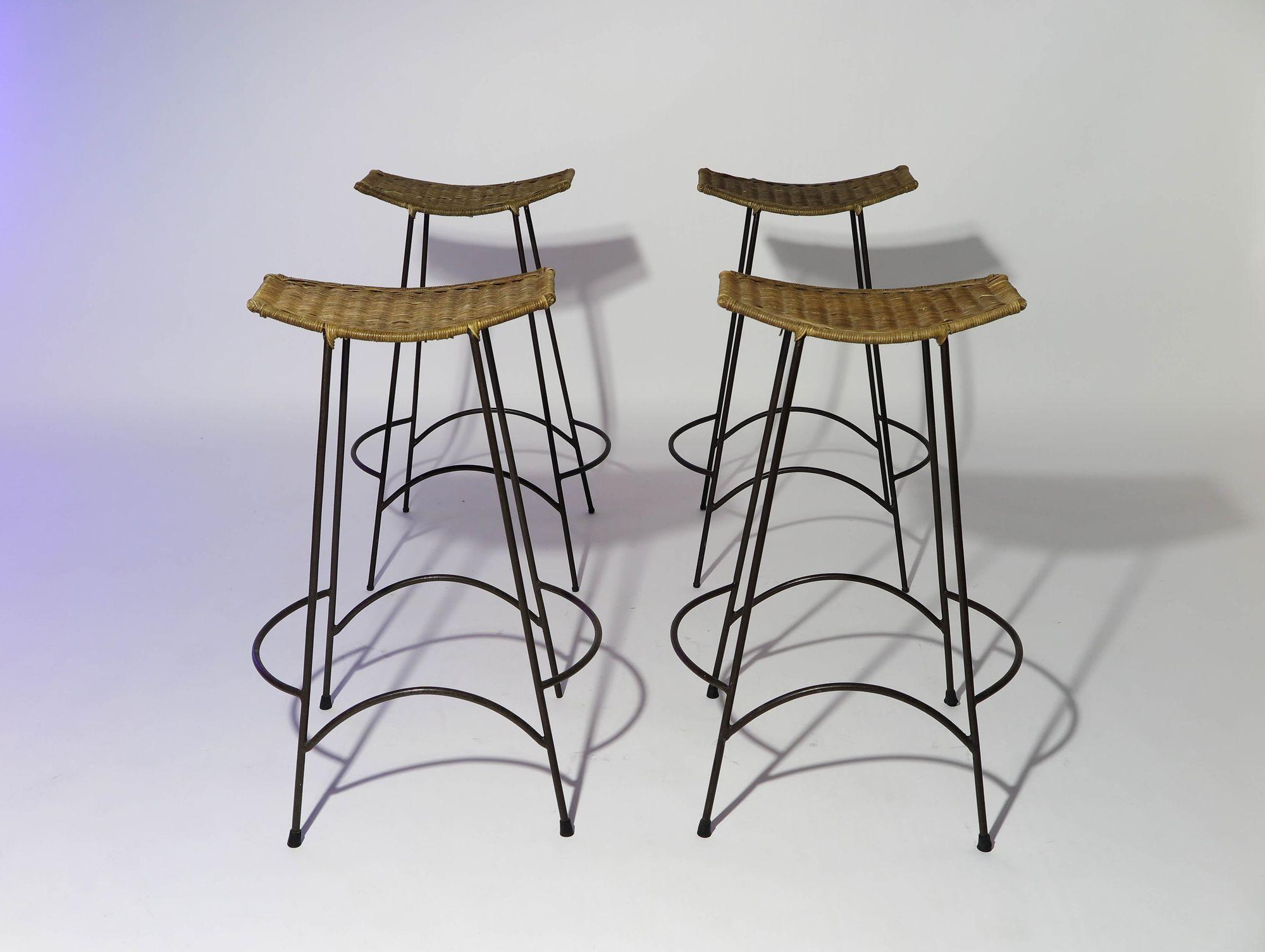 Vintage Wrought Iron and Wicker Bar Stools In Good Condition In Oakland, CA