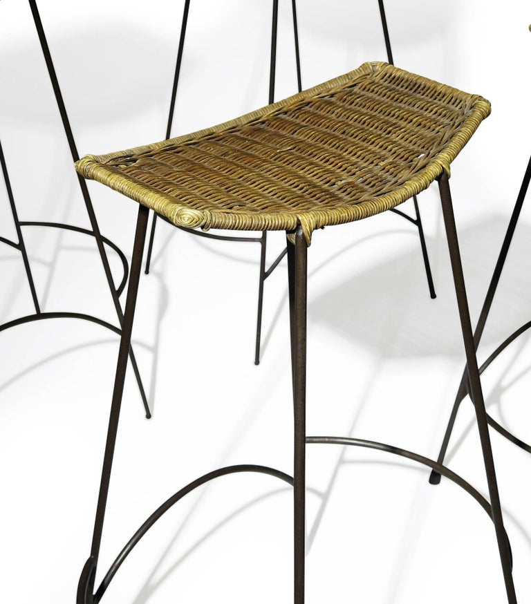 Vintage Wrought Iron and Wicker Bar Stools For Sale at 1stDibs