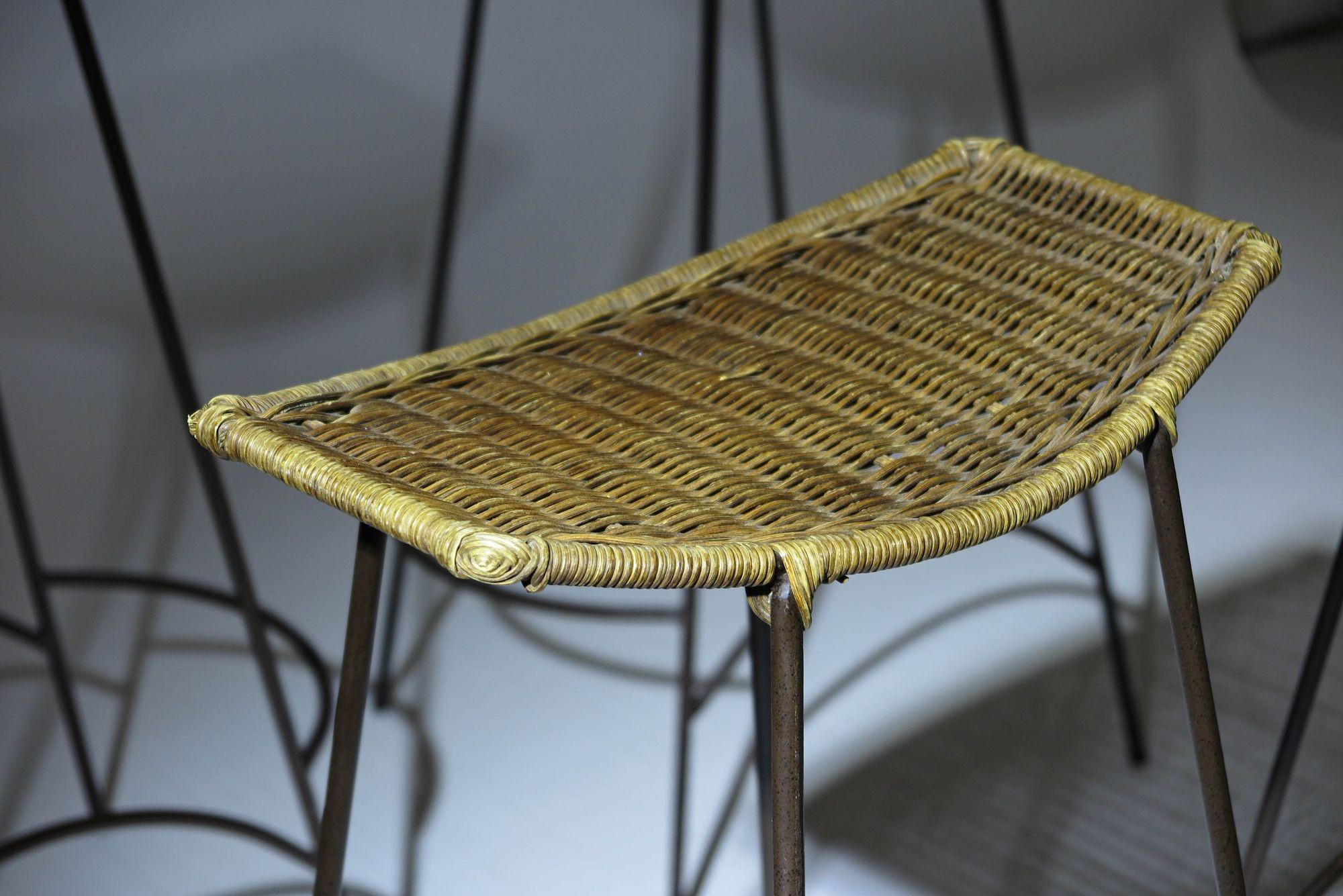 Vintage Wrought Iron and Wicker Bar Stools 3