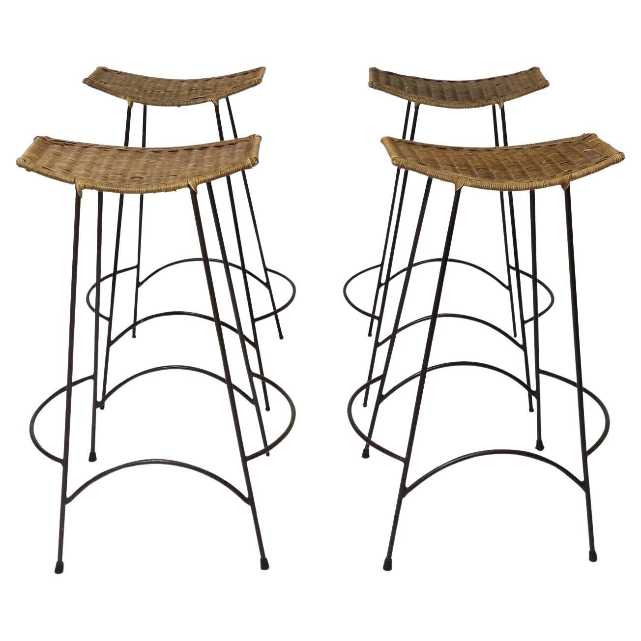Vintage Wrought Iron and Wicker Bar Stools