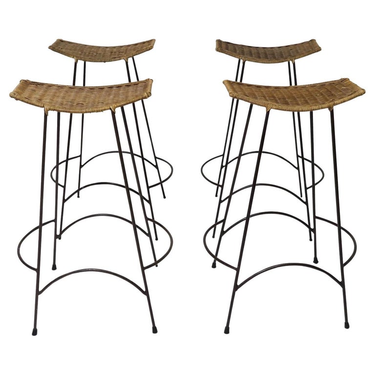 Vintage Wrought Iron and Wicker Bar Stools For Sale at 1stDibs
