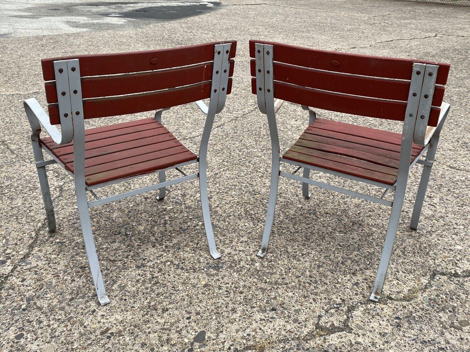 Vintage Wrought Iron and Wood Slat French Style Garden Outdoor Chairs, a Pair For Sale 2