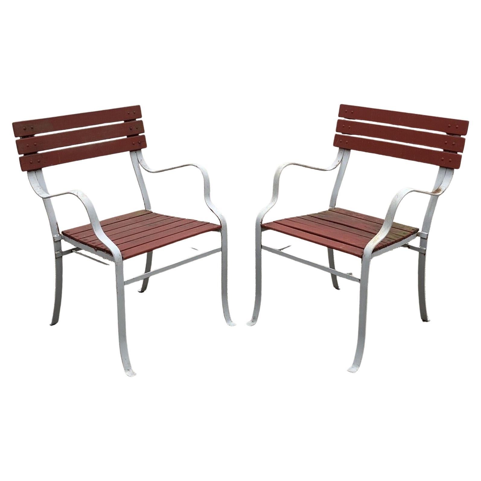 Vintage Wrought Iron and Wood Slat French Style Garden Outdoor Chairs, a Pair For Sale