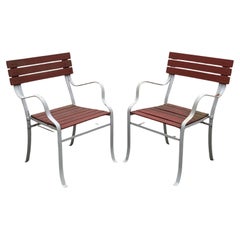 Vintage Wrought Iron and Wood Slat French Style Garden Outdoor Chairs, a Pair
