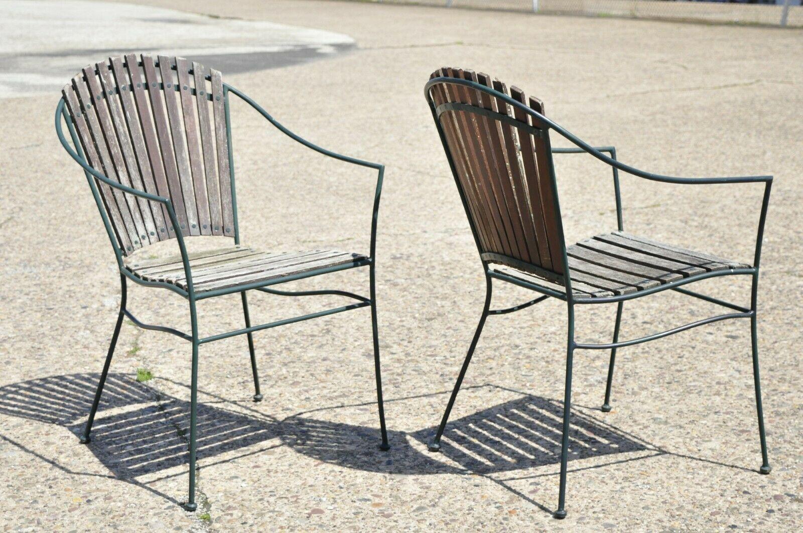 Vintage Wrought Iron and Wood Slat Garden Patio Dining Arm Chairs - Set of 4 7
