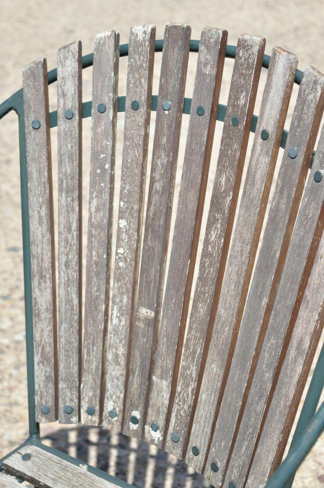 20th Century Vintage Wrought Iron and Wood Slat Garden Patio Dining Arm Chairs - Set of 4