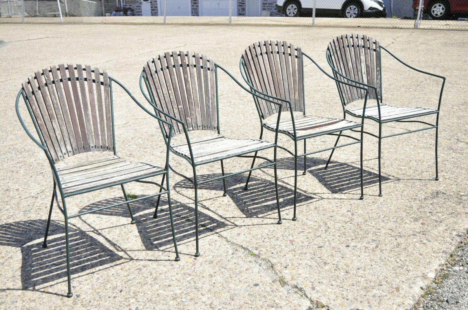 Vintage Wrought Iron and Wood Slat Garden Patio Dining Arm Chairs - Set of 4 4
