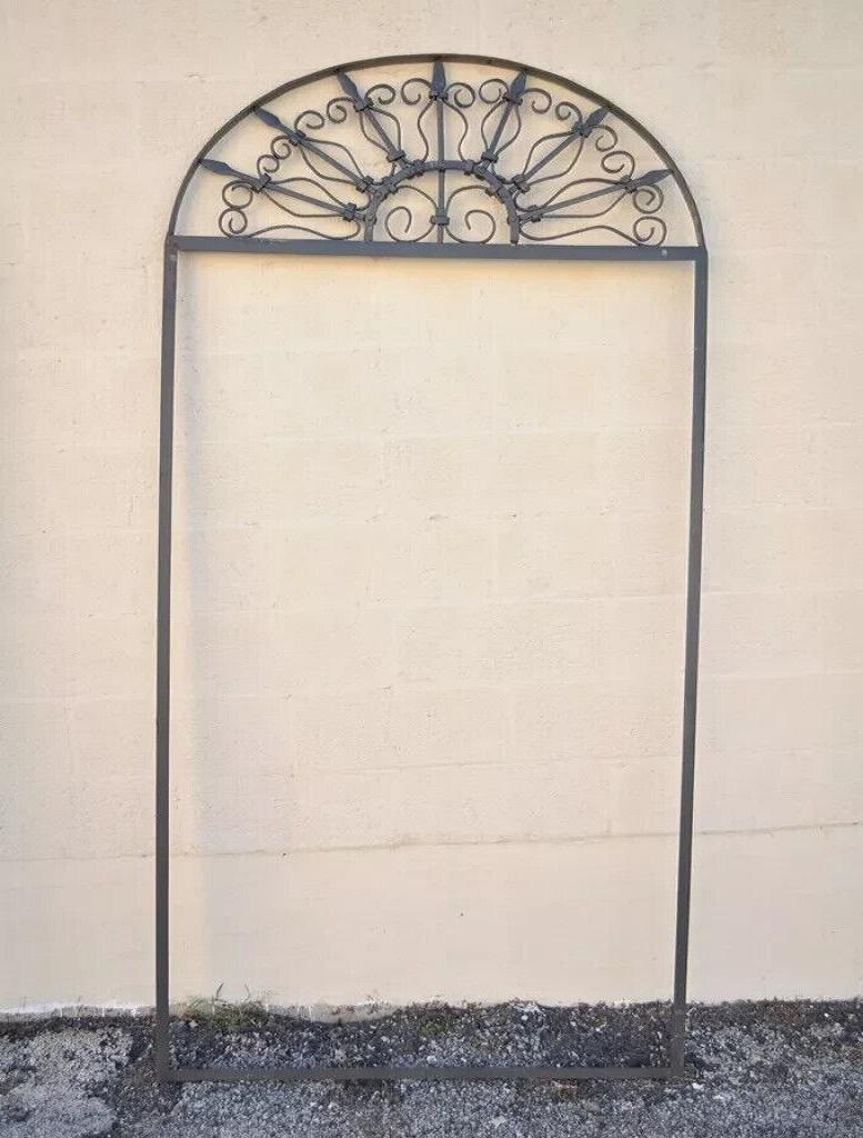 Vintage Wrought Iron Arch Top 7.5' Full Length Floor Mirror Frame Garden Element. Item features a handmade frame with ornate scrolling details. Great to use as a tall full length mirror. Listing does not include glass or hardware. Buyer responsible