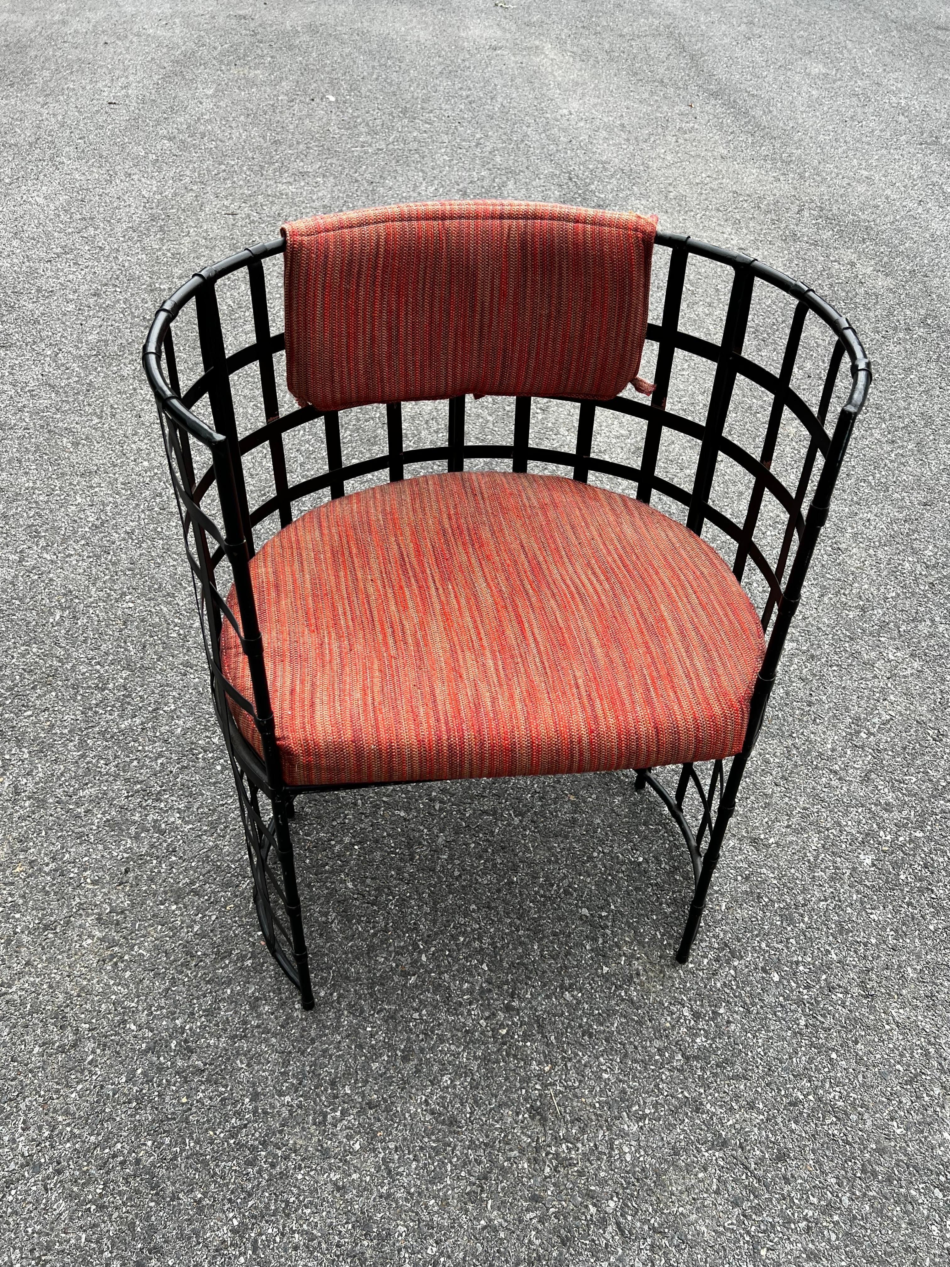 Rare set of vintage wrought iron barrel chairs in Tuscan style, chairs don’t have any labels on them, could be custom made. 
Could be used indoor or outdoor in a covered area, very comfortable! If you are looking for a pair of chairs that would set